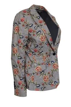 Brooks Brothers - Brown, Black & Blue Houndstooth w/ Red Embroidered Roses Blazer Sz 12