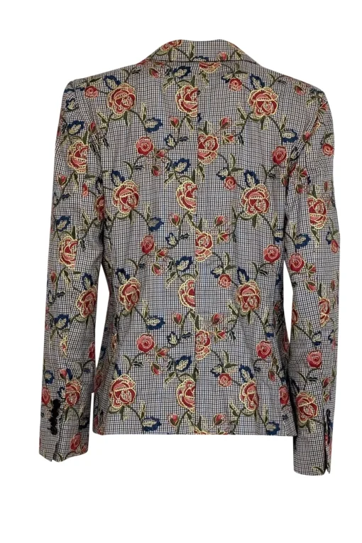 Brooks Brothers - Brown, Black & Blue Houndstooth w/ Red Embroidered Roses Blazer Sz 12