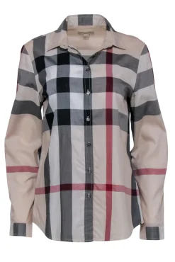 Burberry - Beige Signature Plaid Long Sleeve Button Front Sz M
