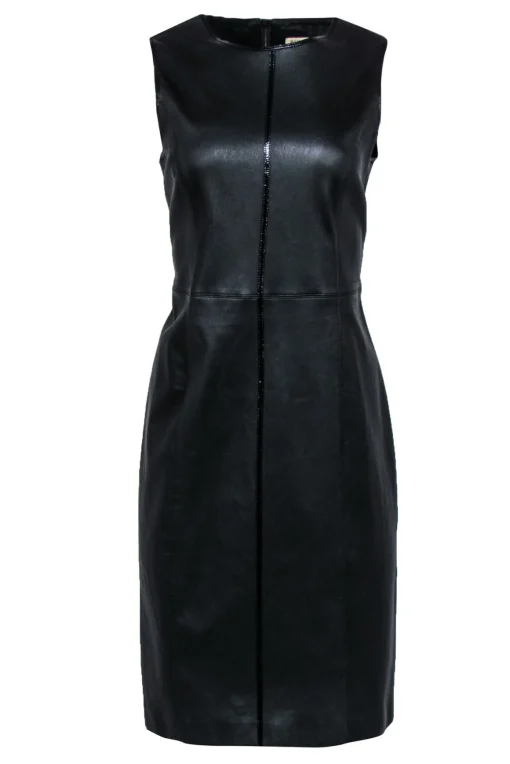 Burberry - Black Leather Sleeveless Paneled Sheath Dress Sz 12