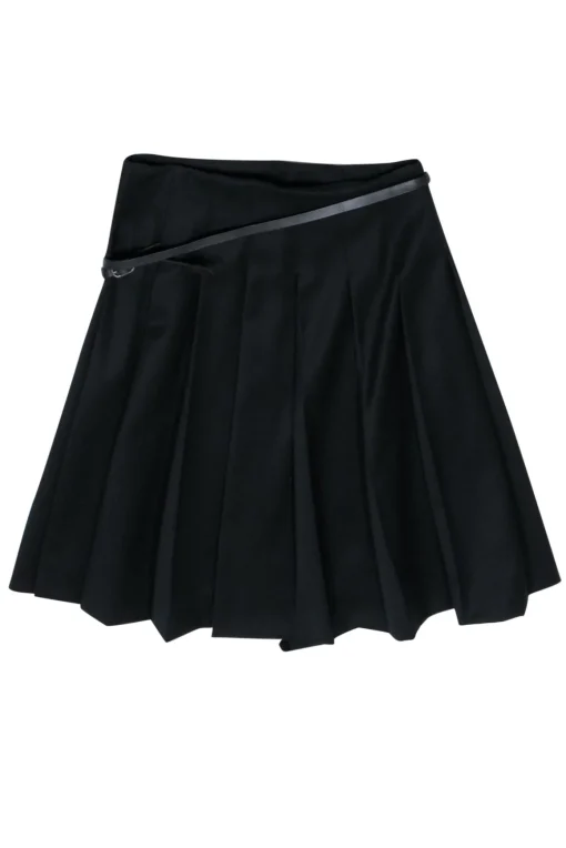 Burberry - Black Pleated Mini Wrap Wool Skirt w/ Belt Sz 8