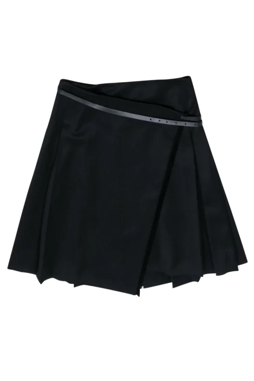 Burberry - Black Pleated Mini Wrap Wool Skirt w/ Belt Sz 8