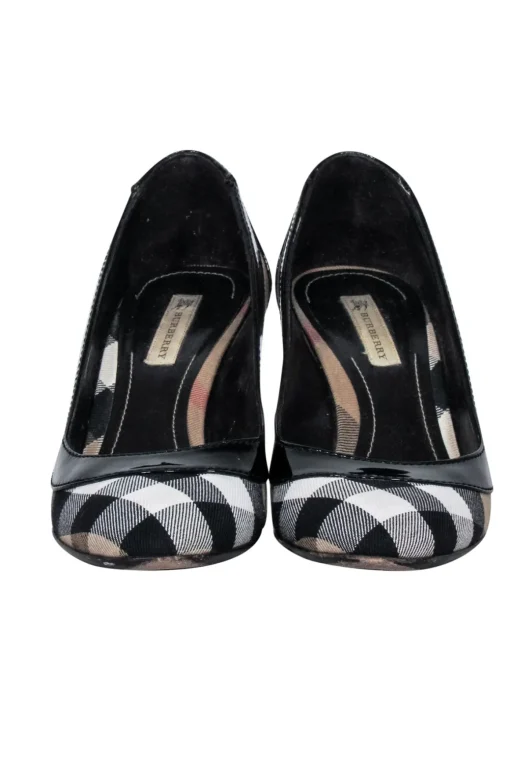 Burberry - Black, White, & Beige Plaid w/ Patent Leather Trim Detail Heels Sz 7