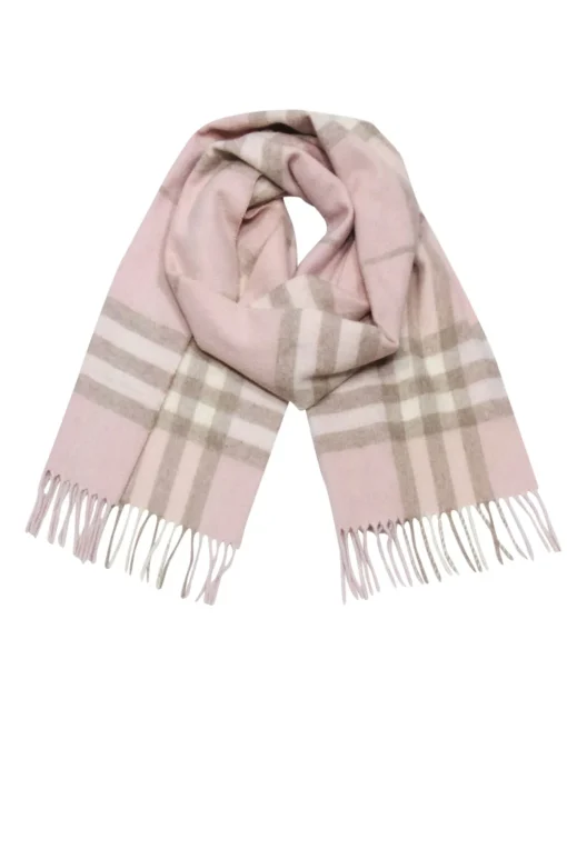 Burberry - Blush, Beige & Cream Plaid Fringe Hem Cashmere Scarf