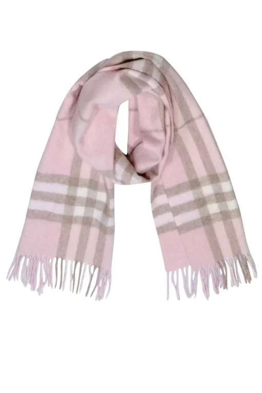 Burberry - Blush, Beige & Cream Plaid Fringe Hem Cashmere Scarf
