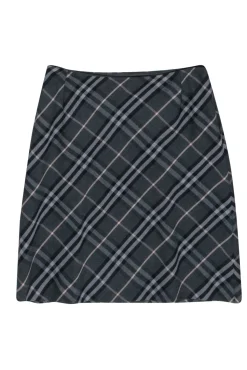 Burberry - Grey & Black Plaid Wool Midi Skirt Sz 6