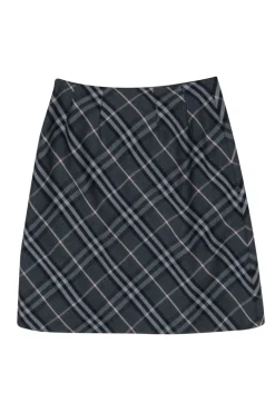 Burberry - Grey & Black Plaid Wool Midi Skirt Sz 6