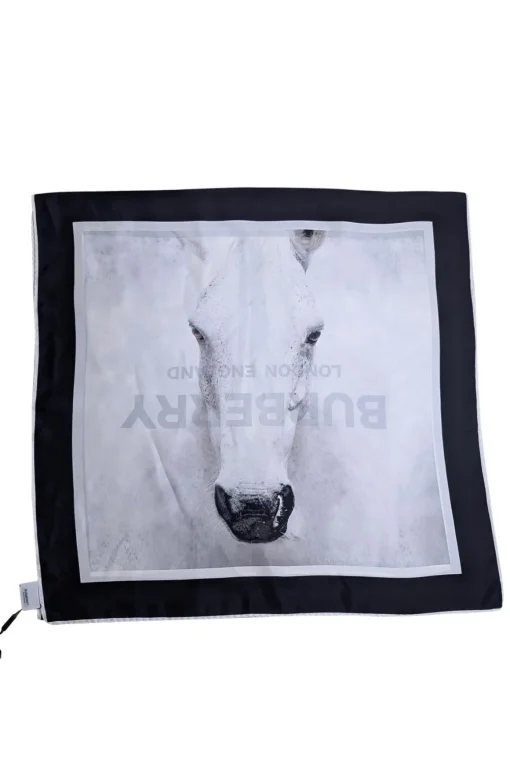 Burberry - Ivory Silk Scarf w/ Logo Font & Horse Face Print Scarf
