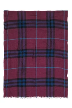 Burberry - Maroon, Navy & Teal Plaid Lightweight Scarf w/ Eyelash Fringe
