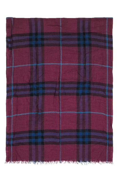 Burberry - Maroon, Navy & Teal Plaid Lightweight Scarf w/ Eyelash Fringe