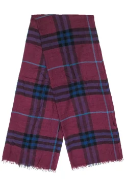 Burberry - Maroon, Navy & Teal Plaid Lightweight Scarf w/ Eyelash Fringe