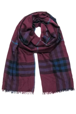 Burberry - Maroon, Navy & Teal Plaid Lightweight Scarf w/ Eyelash Fringe