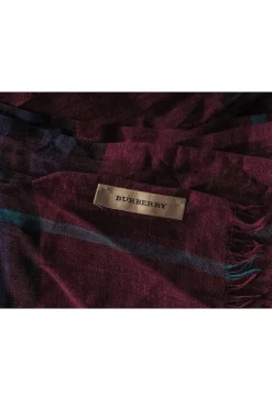 Burberry - Maroon, Navy & Teal Plaid Lightweight Scarf w/ Eyelash Fringe