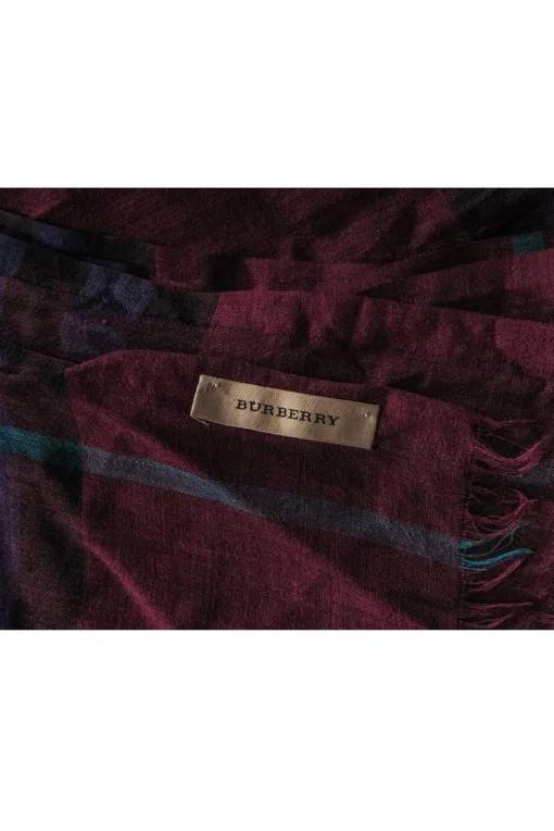 Burberry - Maroon, Navy & Teal Plaid Lightweight Scarf w/ Eyelash Fringe