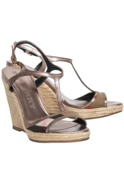 Burberry - Metallic Strap w/ Signature Plaid Espadrille Wedges Sz 8