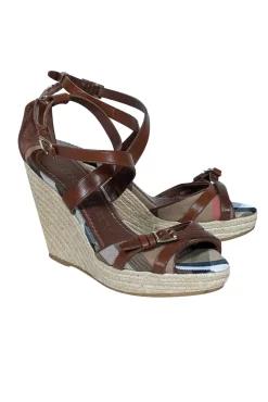Burberry - Tan Signature Plaid Peep Toe Buckle Trim Wedges Sz 9.5