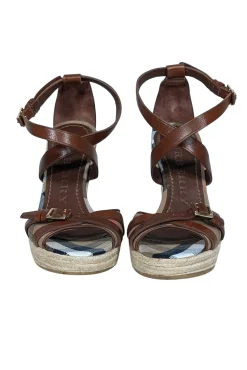 Burberry - Tan Signature Plaid Peep Toe Buckle Trim Wedges Sz 9.5