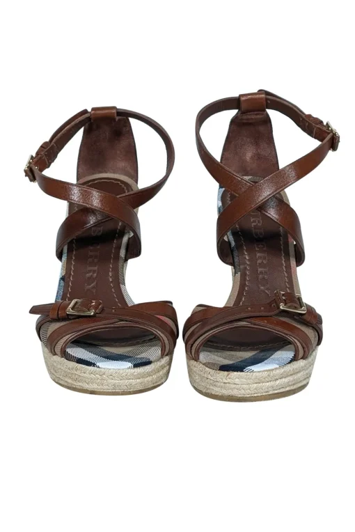 Burberry - Tan Signature Plaid Peep Toe Buckle Trim Wedges Sz 9.5