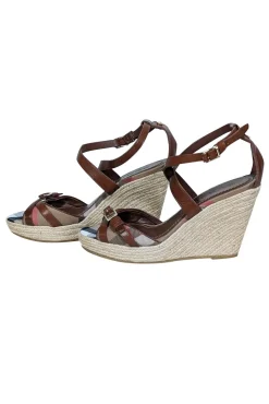 Burberry - Tan Signature Plaid Peep Toe Buckle Trim Wedges Sz 9.5