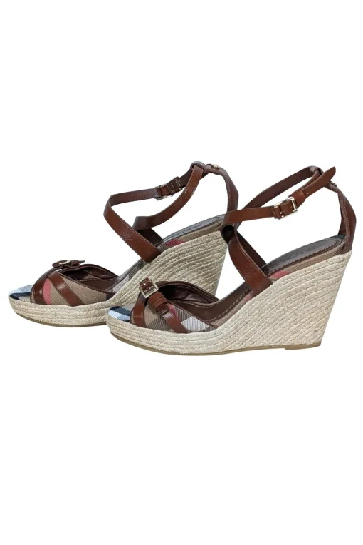 Burberry - Tan Signature Plaid Peep Toe Buckle Trim Wedges Sz 9.5