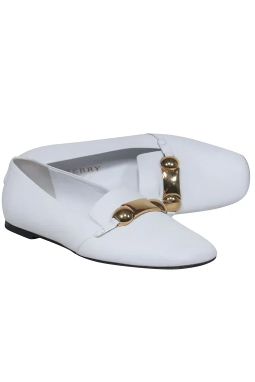 Burberry - White Leather Loafers w/ Gold Buckle Sz 8