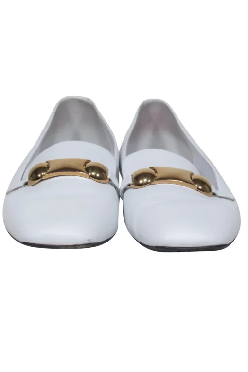 Burberry - White Leather Loafers w/ Gold Buckle Sz 8