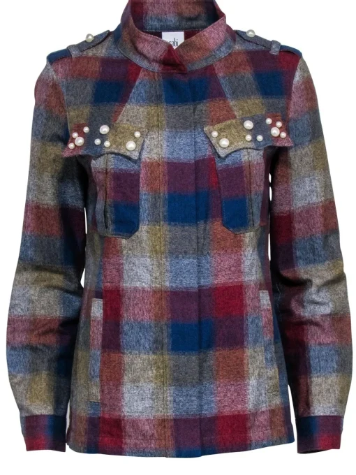 Cabi - Maroon, Green, & Blue Plaid Print Jacket w/ Pearl Accent Sz M