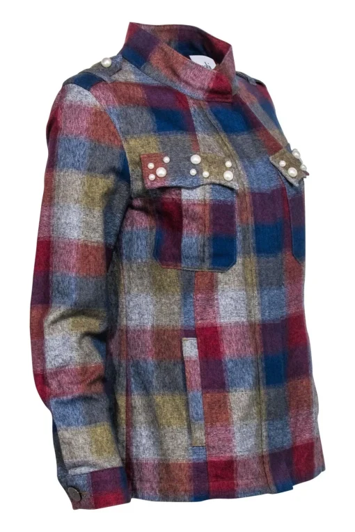 Cabi - Maroon, Green, & Blue Plaid Print Jacket w/ Pearl Accent Sz M