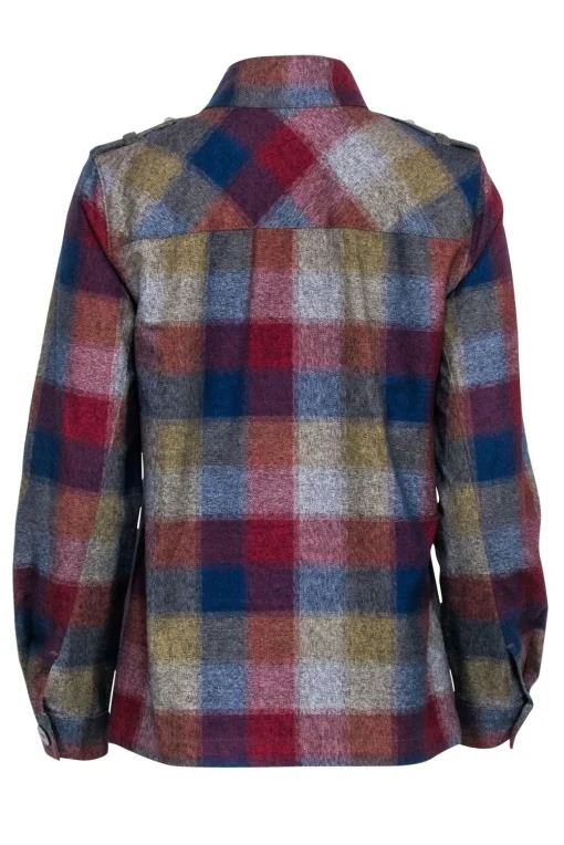 Cabi - Maroon, Green, & Blue Plaid Print Jacket w/ Pearl Accent Sz M