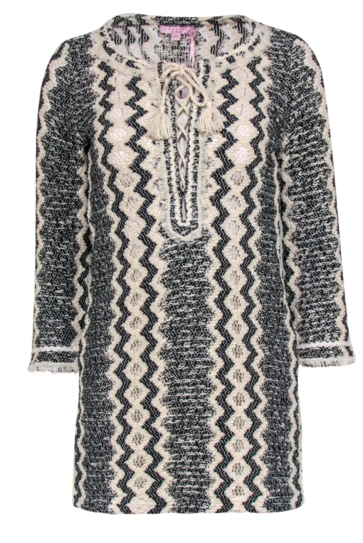 Calypso - Beige & Black Knit Lace-Up Long Sleeve "Romilly" Tunic Sz S
