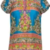 Calypso - Blue & Multicolor Floral Print Metallic Embroidered Silk Blouse Sz XS