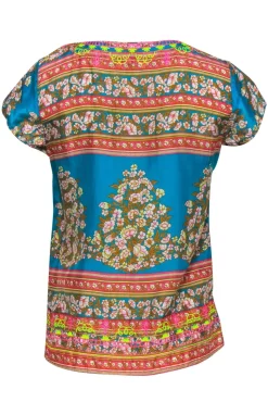 Calypso - Blue & Multicolor Floral Print Metallic Embroidered Silk Blouse Sz XS