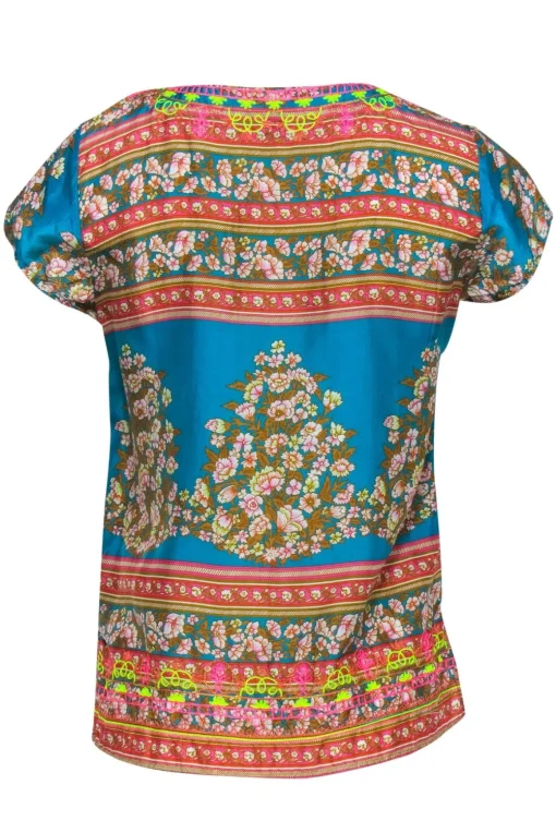 Calypso - Blue & Multicolor Floral Print Metallic Embroidered Silk Blouse Sz XS
