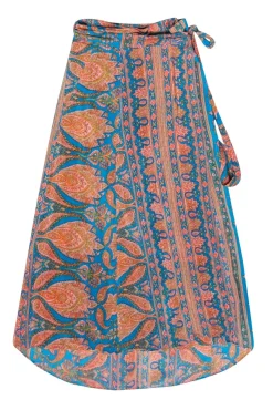 Calypso - Blue, Orange & Pink Paisley Print Silk Wrap Maxi Skirt Sz XS