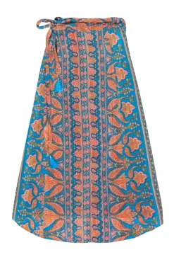 Calypso - Blue, Orange & Pink Paisley Print Silk Wrap Maxi Skirt Sz XS