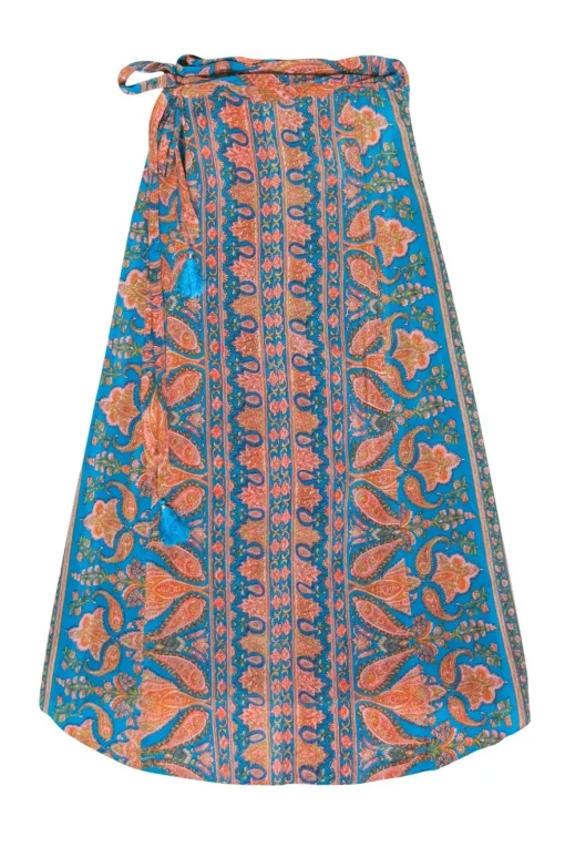 Calypso - Blue, Orange & Pink Paisley Print Silk Wrap Maxi Skirt Sz XS