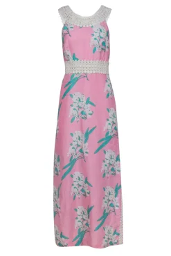 Calypso - Pink & Green Floral Maxi Dress w/ Eyelet Neckline Sz S