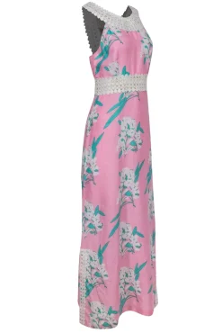 Calypso - Pink & Green Floral Maxi Dress w/ Eyelet Neckline Sz S