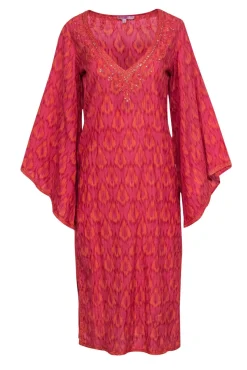 Calypso - Pink & Orange Patterned Cotton Maxi Dress w/ Crochet Trim Sz 0