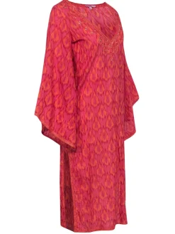 Calypso - Pink & Orange Patterned Cotton Maxi Dress w/ Crochet Trim Sz 0