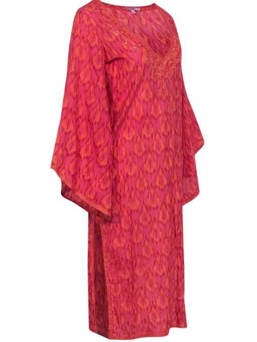 Calypso - Pink & Orange Patterned Cotton Maxi Dress w/ Crochet Trim Sz 0