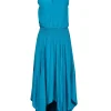 Calypso - Turquoise Satin Pleated Halter Neck Dress Sz S