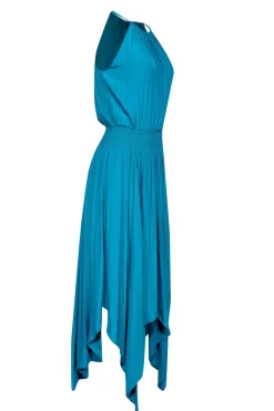 Calypso - Turquoise Satin Pleated Halter Neck Dress Sz S