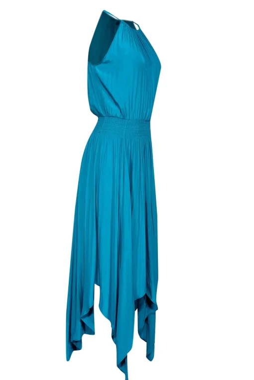 Calypso - Turquoise Satin Pleated Halter Neck Dress Sz S