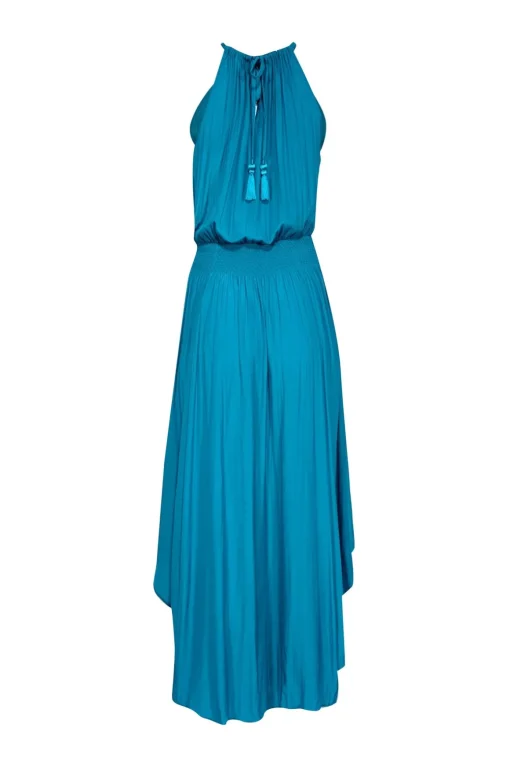 Calypso - Turquoise Satin Pleated Halter Neck Dress Sz S