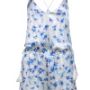 Cami - White & Blue Floral Print Racerback Silk "Chandler" Romper Sz M