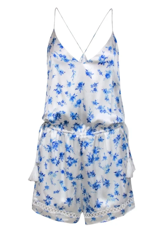 Cami - White & Blue Floral Print Racerback Silk "Chandler" Romper Sz M