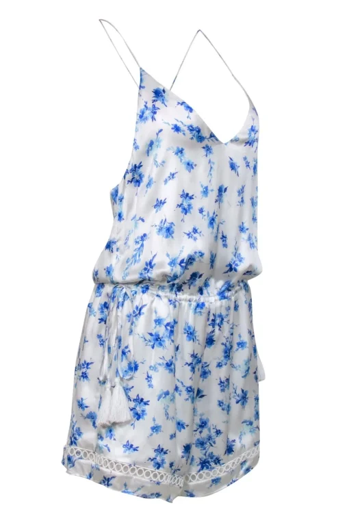 Cami - White & Blue Floral Print Racerback Silk "Chandler" Romper Sz M
