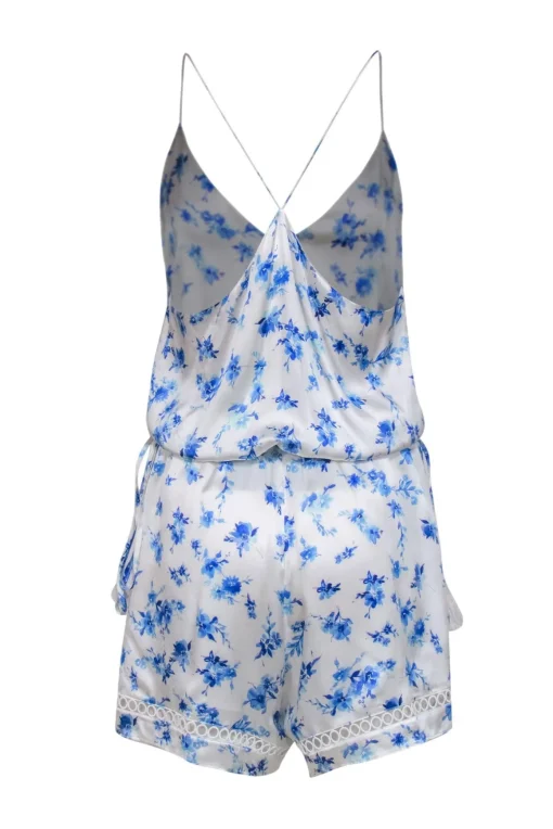 Cami - White & Blue Floral Print Racerback Silk "Chandler" Romper Sz M