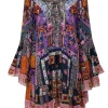 Camilla - Black & Multi Color Print Beaded Trim Tunic Dress Sz L